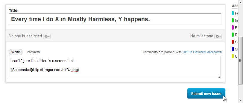 Screenshot of a new issue being submitted.