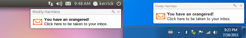 Screenshot of Mostly Harmless sending a desktop notification for an orangered.